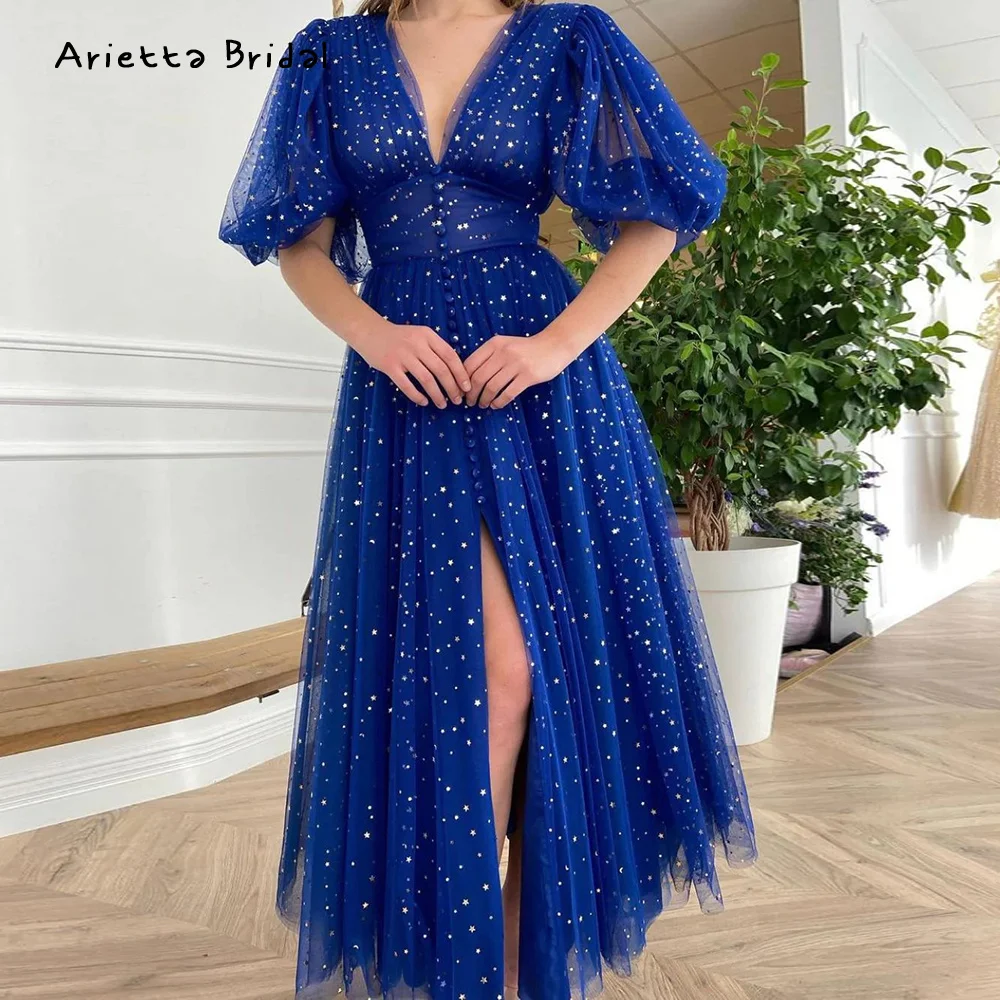 

Arietta Royal Blue Glitter Starry Tulle Midi Prom Dresses Deep V-Neck Half Puff Sleeves Tea-Length A-Line Evening Party Gowns