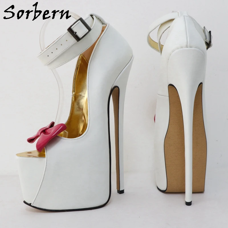 Sorbern White Real Leather Shoes Women 24Cm High Heel Double Ankle Straps With Bows Invisible Platform Open Toe Fetish Shoes