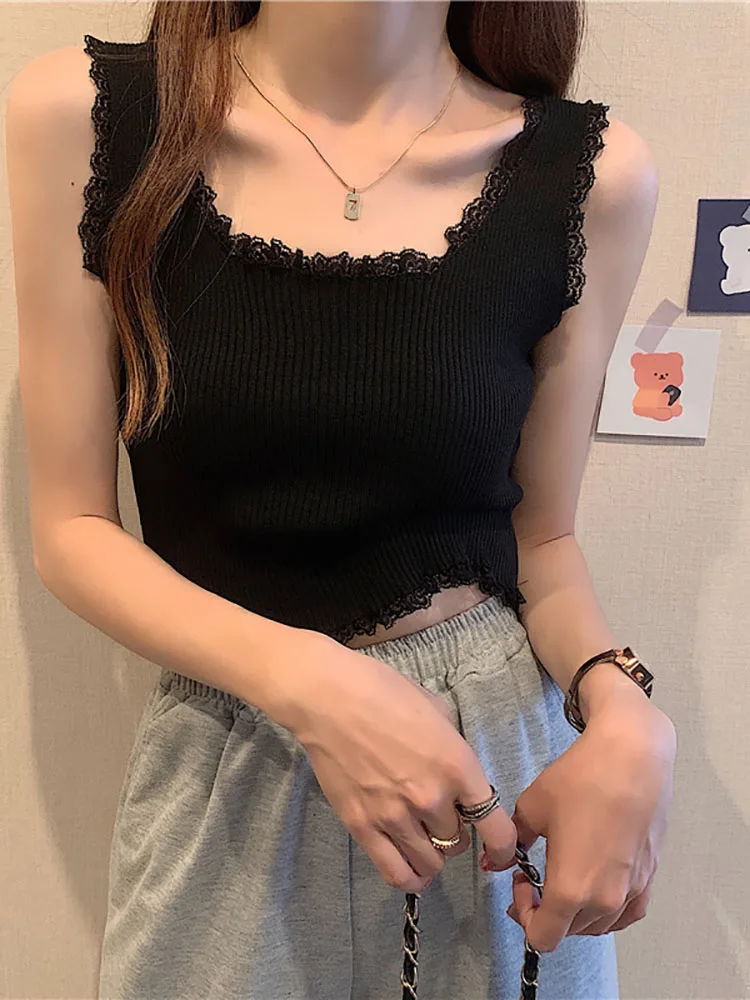 

Heliar Women Basic Laced Up Crop Tank Top For Women Basic Solid Crop Tops Square Neck Plain Crop Tops Women Clothes