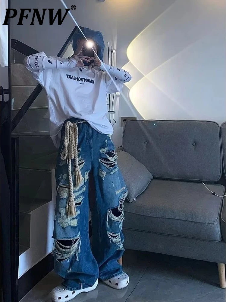 

PFNW Men's Summer Autumn 2023 New Tide Personalized Jeans Hip Hop Trendy High Street Handsome Loose Holes Denim Pants 12A5207