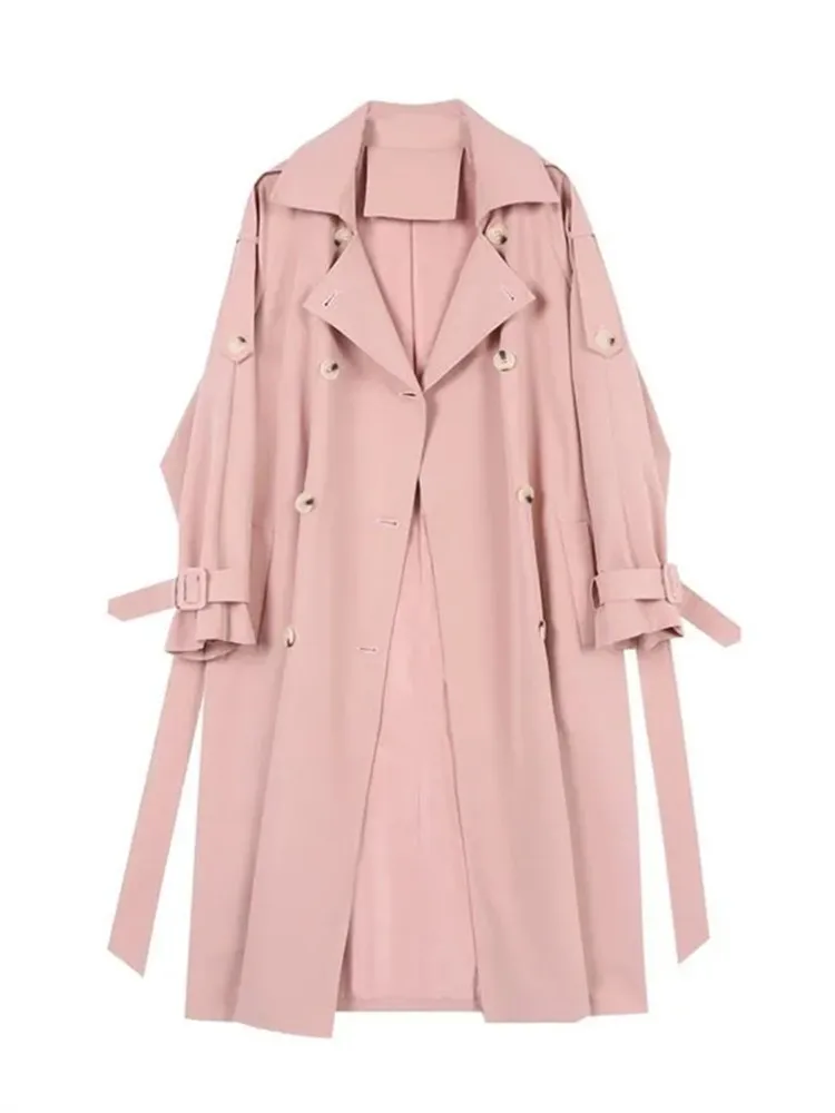 

Women's Pink Trench Coat Casual Long Jackets Loose Coat Spring Autumn Fashion Double-breasted Draped Windbreaker Female