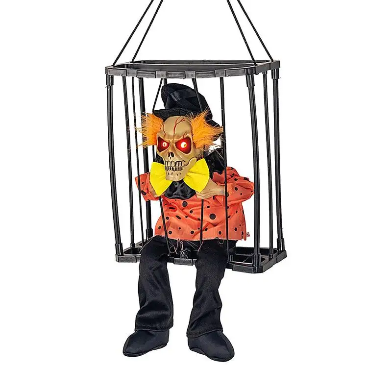 

Halloween Prisoner Cage Decoration Scary Electric Skeleton Toy with Glowing Eye and Screaming Animated Horror Hanging Ghost Prop