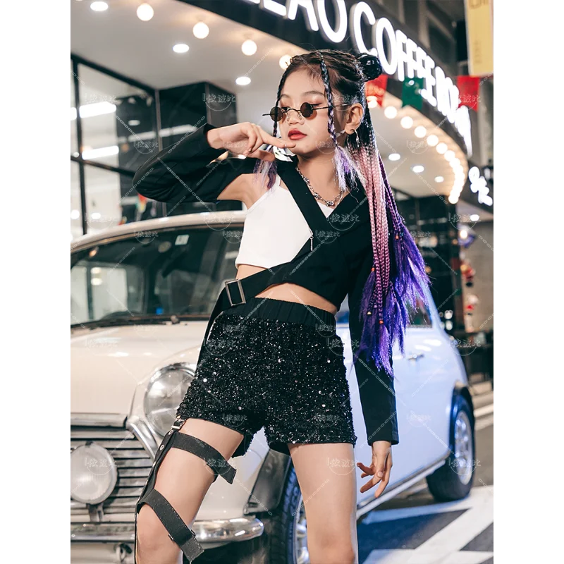 Новый танцевальный костюм для девушек черно-серебряные блестки модный джазовых