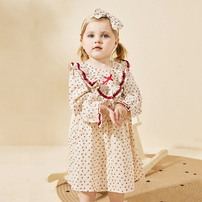 

2023 Ins Spring Autumn Kids Baby Girls Dress Floral Cotton Long Sleeve Lace Broder Infant Girls Frocks Toddler Girls Outfits