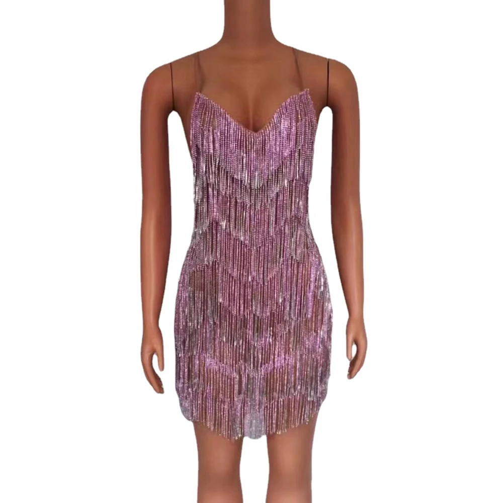

Sparkly Rhinestones Fringes Backless Short Dress Women Show Performance Competition Dance Costume Sexy Birthday Dress Stage Wear