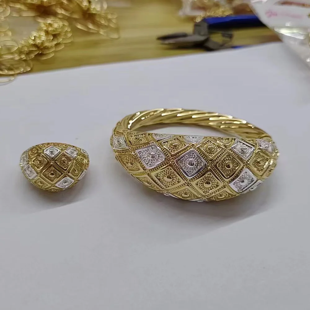 Dubai Bracelet Ring Jewelry Sets For Lady Fashion Jewellery 2 Pcs Gold Plated 18k Bride Jewelry Wedding Accessories