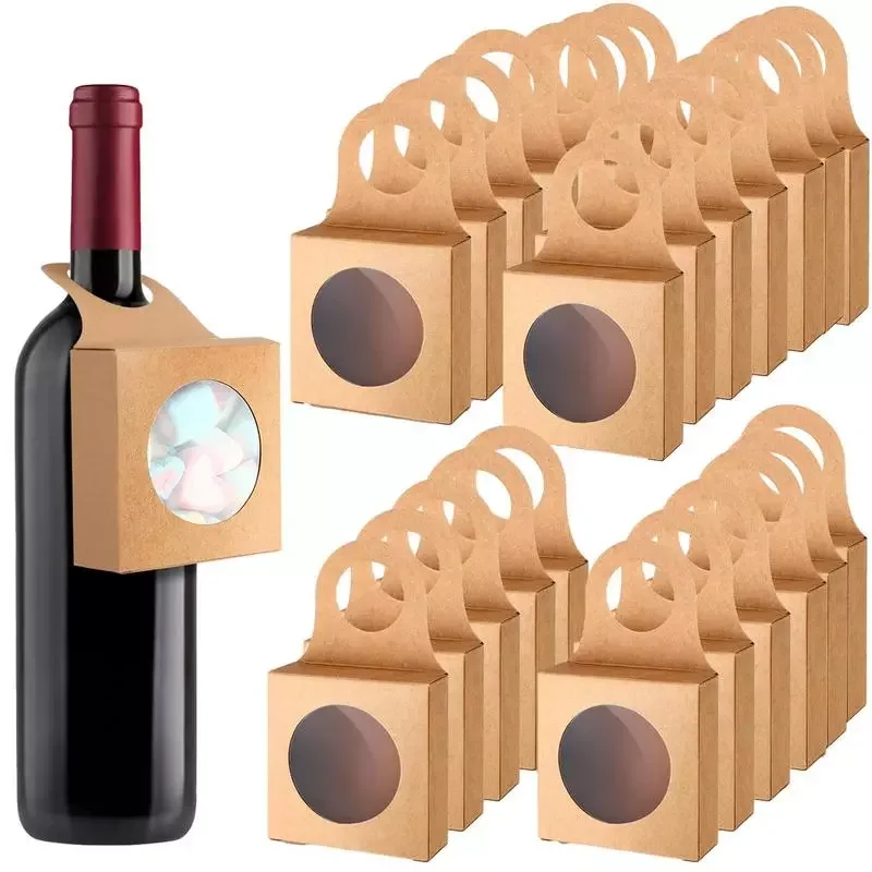 

NEW IN Hanging Wine Bottle Box 25PCS Mini Paper Gift Bags With Transparent Window Holiday Brown Foldable Cupcake Boxes Gift Givi