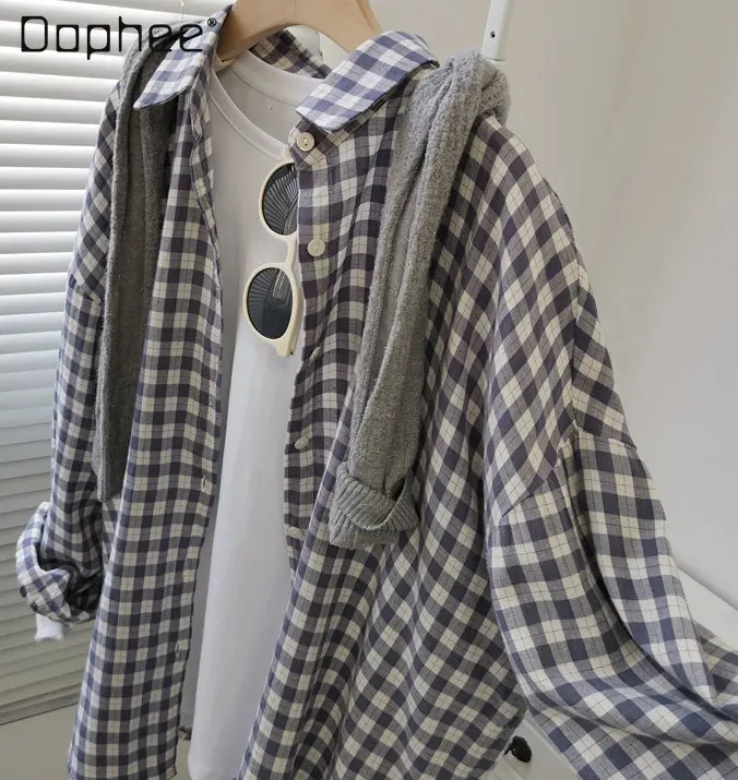 

Retro Plaid Shirt for Women 2023 Spring and Autumn New Korean Style Loose Soft Warm Comfortable Cotton Blouse Top for Ladies