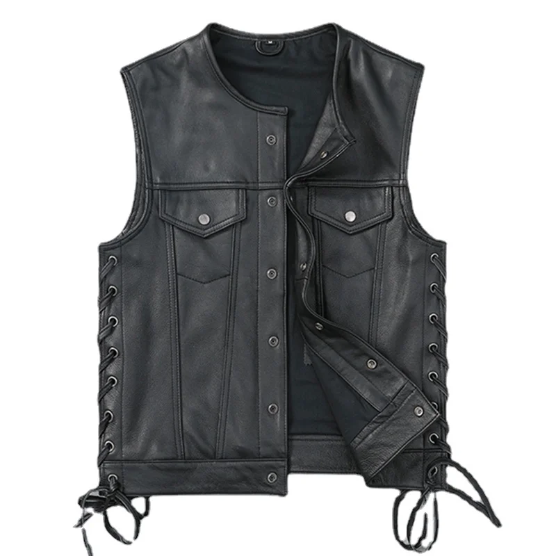 

Vest Soft Thin Cowhide Genuine Leather Men Sleeveless Jacket V-Neck Motorcycle Biker Waistcoat for Riding