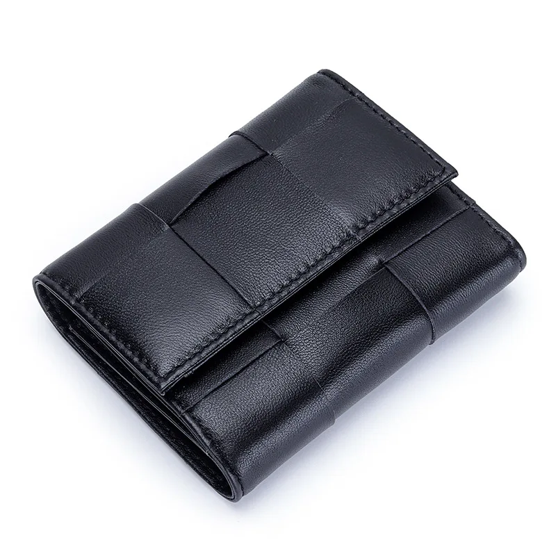 Fashion Woven Genuine Leather Women Short Wallet Functional Bifold Coin Purse Money Bags Female Small Purse Multi Card Holders