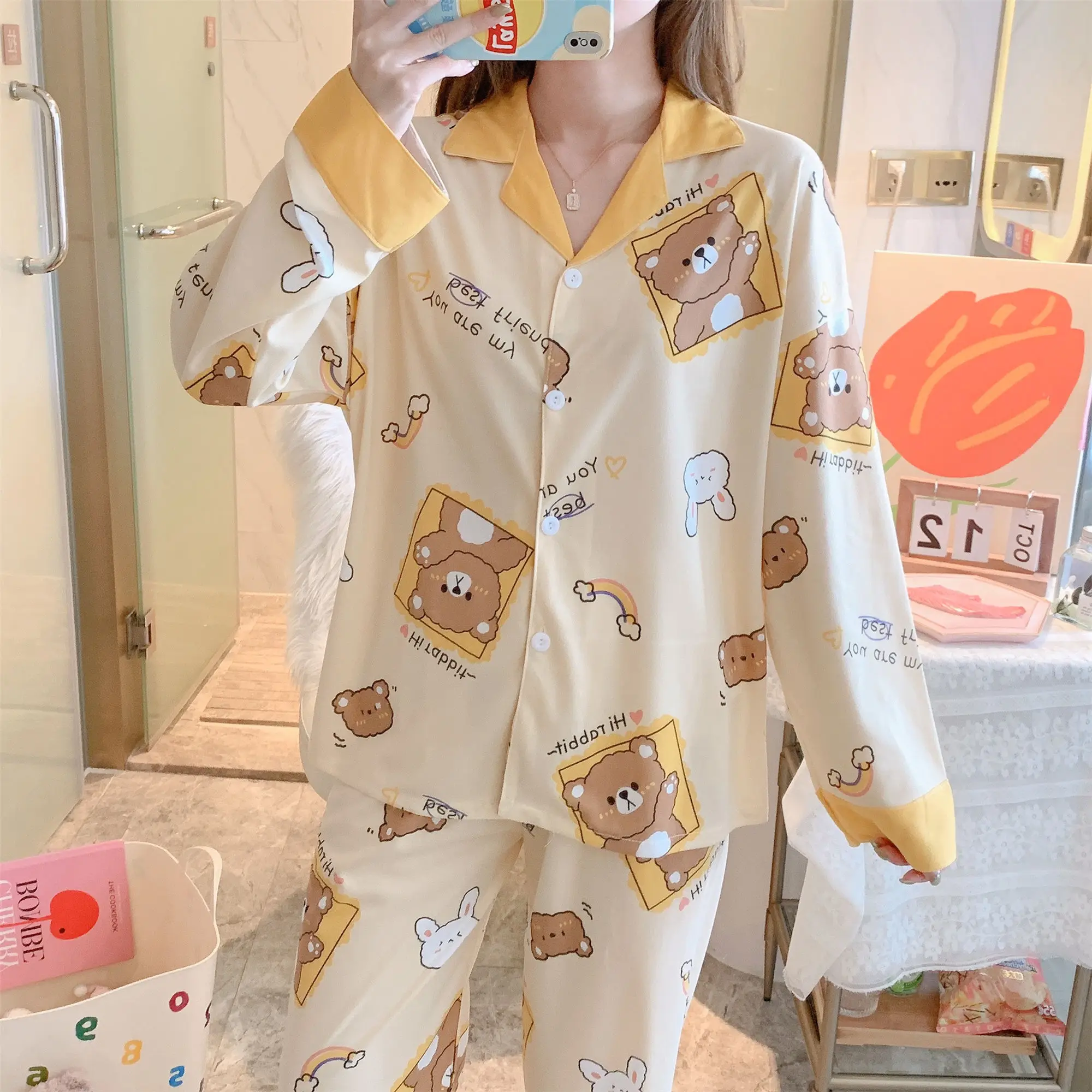 

Пижама женская двухсторонняя из молочного шелка, 180 к, весна-осень