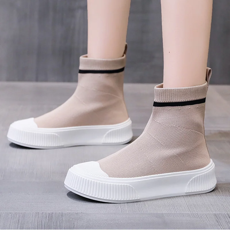 

Осенние новые эластичные тканевые ботинки-носки женские высокие ботинки на высоком каблуке плоская вязаная обувь эластичные ботильоны обувь ботинки