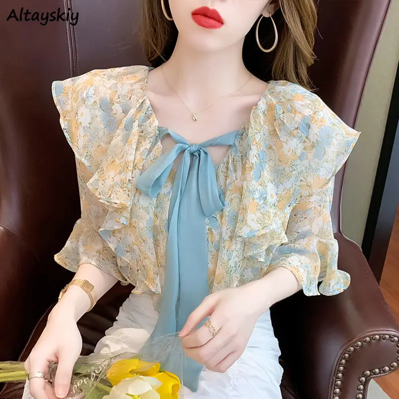 

Ruffles Floral Chiffon Blouses Women Summer Tops Thin Clothes Elegant Females Design Casual Fashion Korean Mujer Vintage Chic