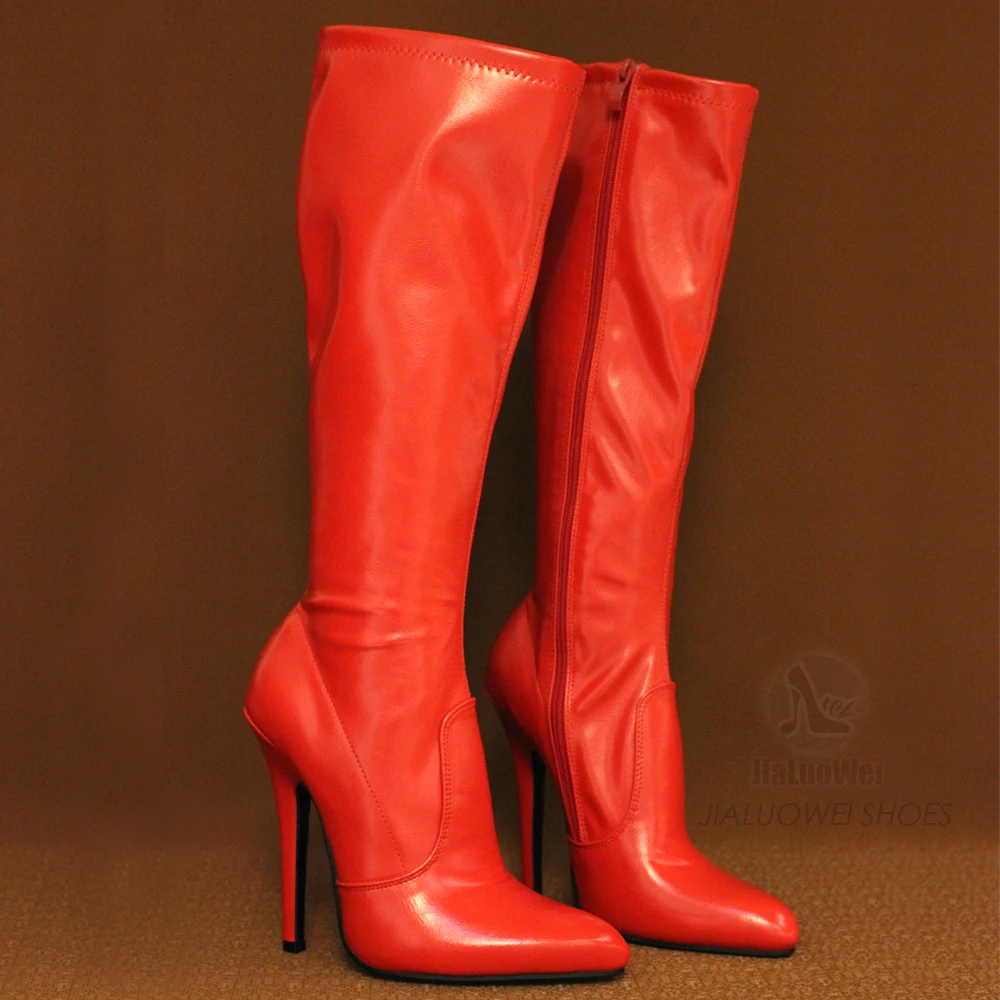 Custocm 5 Inch High Stiletto Heel Unisex Knee High Vintage Boots Patent Leather Pointed Toe Shoes