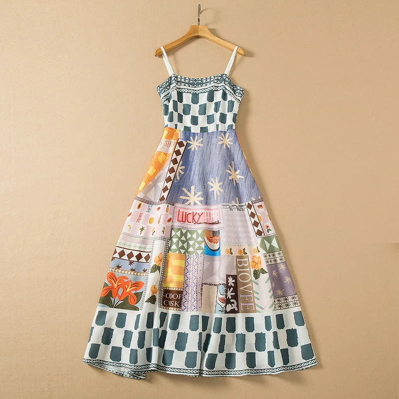 

Женская одежда в европейском и американском стиле, весна 2023, новое модное плиссированное платье из хлопка и льна с принтом и поясом без рукавов