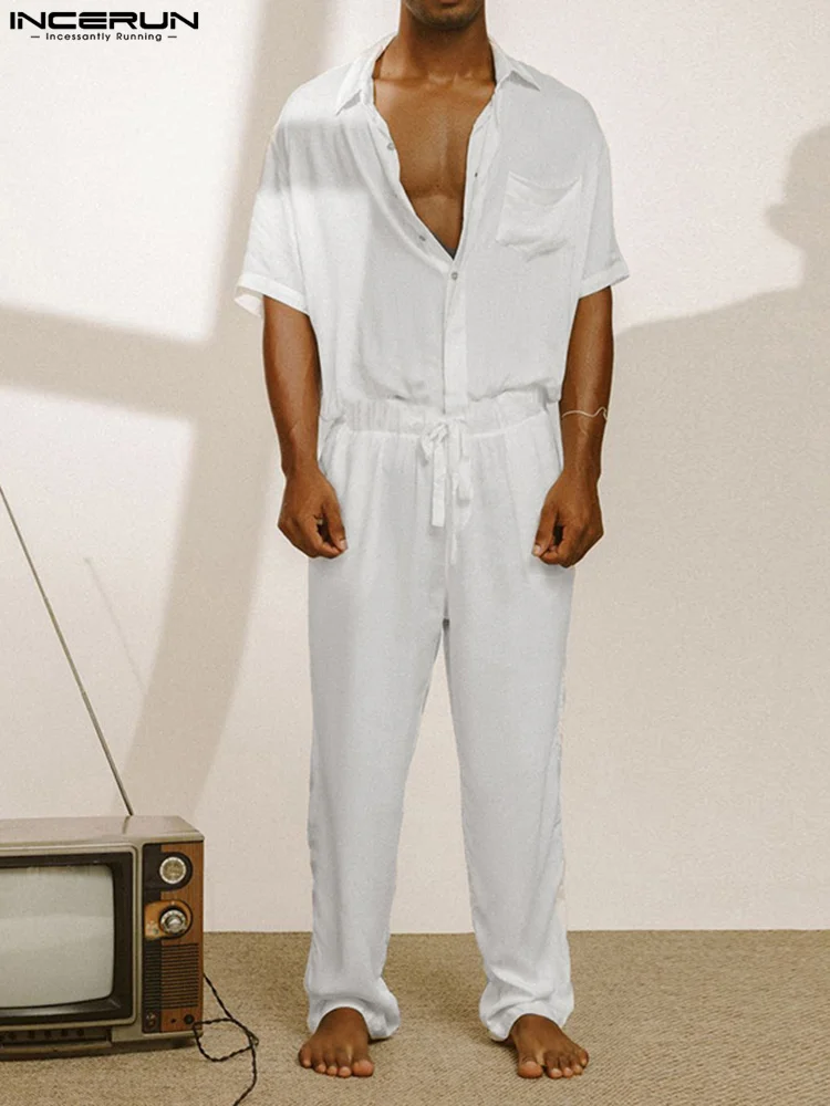 

2022 Men Jumpsuits Solid Color Lapel Short Sleeve Drawstring Button Rompers Loose Streetwear Casual Men Overalls S-5XL INCERUN