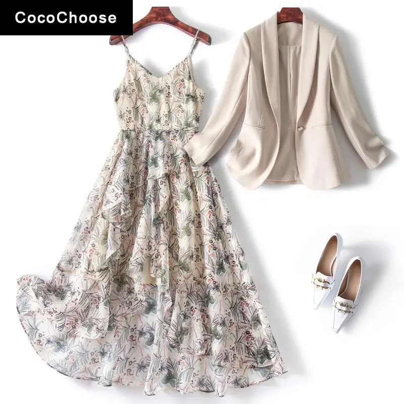 

Элегантные женские костюмы с платьем, новинка 2022, модный пиджак и шифоновое платье на бретелях-спагетти с оборками, комплекты из 2 предметов