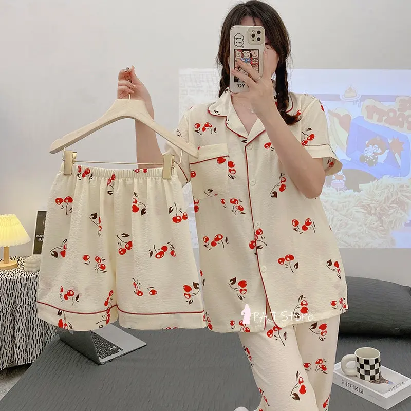 Summer Women's pajamas Spring Summer cotton Home Clothes Pajama set shorts women Nightwear Female Set Woman 3 Pieces Pyjamas