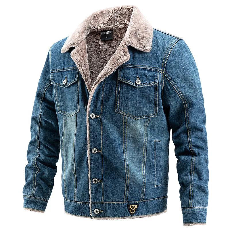 

Men Autumn Winter Denim Jackets Outerwear Warm Coats Fashion New Solid Male Plus Velvet Thickening Cotton Blend Jean Jacket 2022