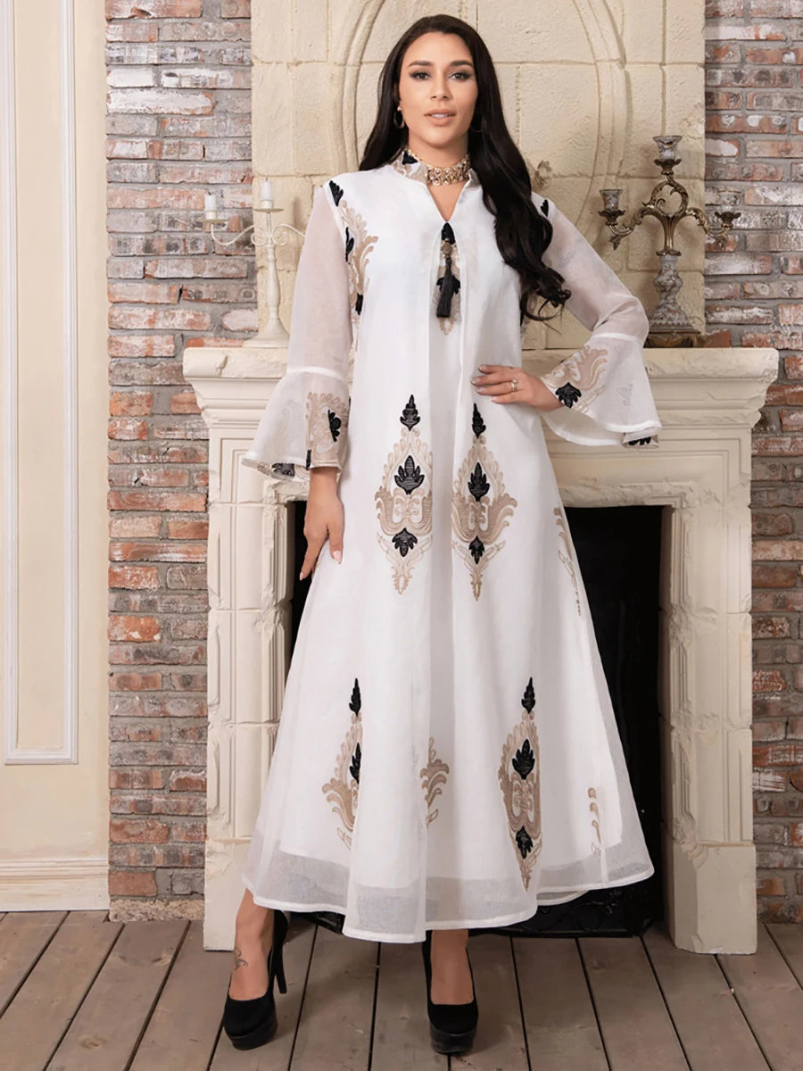 

White Jalabiya Imitation Linen Long Arabic Dress Embroidered Ball Gown Women Arabian Clothing Muslim Abaya Party Evening Ramadan