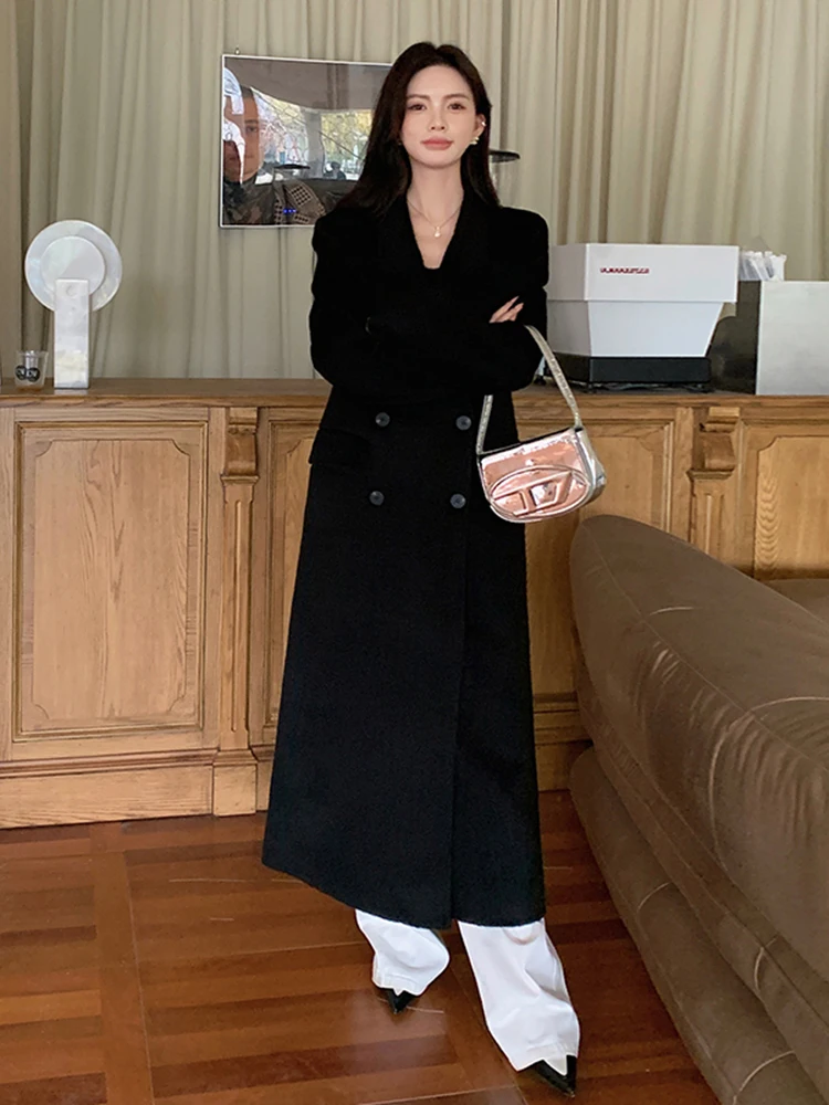 Huali двустороннее кашемировое пальто женское осенне-зимнее элегантное черное
