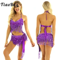 2pcs womens belly dance outfits shiny sequin tassels halter bra top with hip scarf skirts set for india gypsy dance costumes