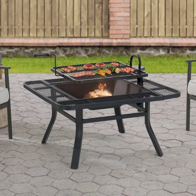 

38 Inch Grill Fire Pit for Outside, Outdoor Wood Burning Firepit with Adjustable Grill Grate and Fire Poker, BBQ Fire Pit table