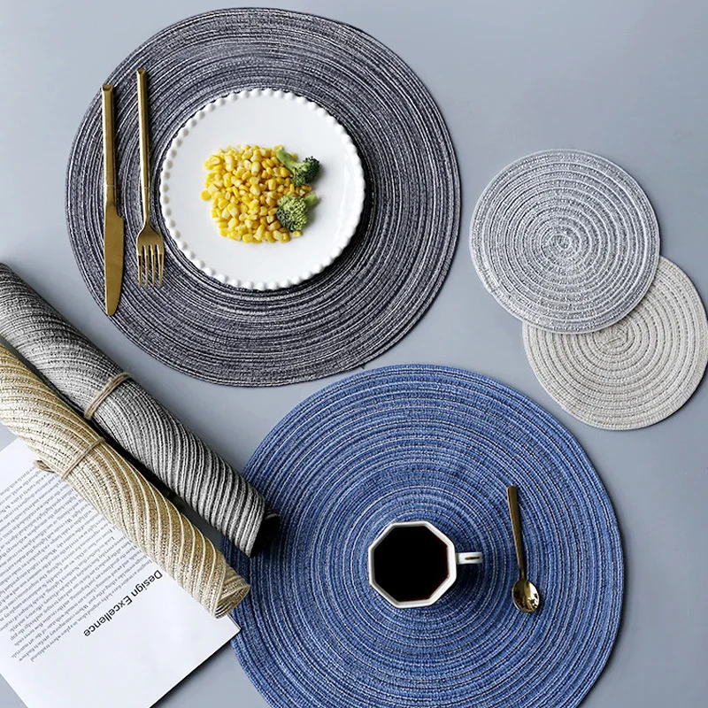

Solid Round Ramie Placemats Linen Mat Non-slip Insulation Table Pad Weaved Dining Placemats Kitchen Retro Art Decor Accessories