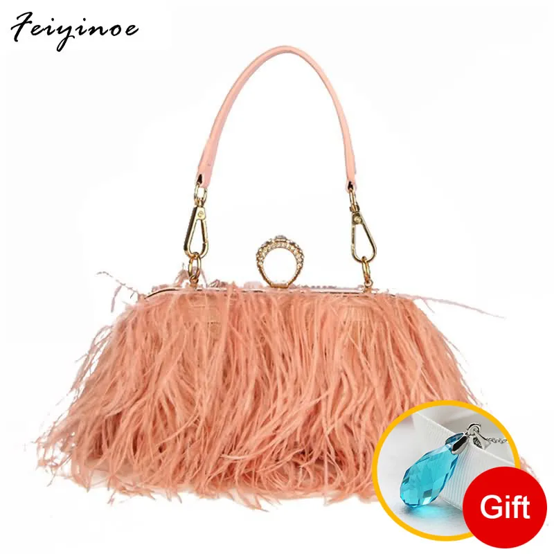 

Luxy Moon Designer Ostrich Fur Feather Wallet Clutch Bag Women Clutch Diamond Knuckle Rings Dinner Evening Bag Chain Purse 2022