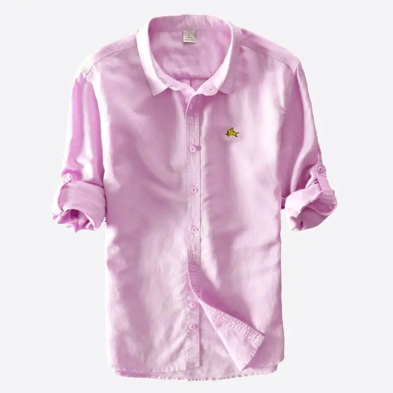 High Quality Men Shirt Spring Autumn Embroidery-Logo Casual Long Sleeve Linen Men's Shirts Hommes Blouse Cotton Mens Clothing