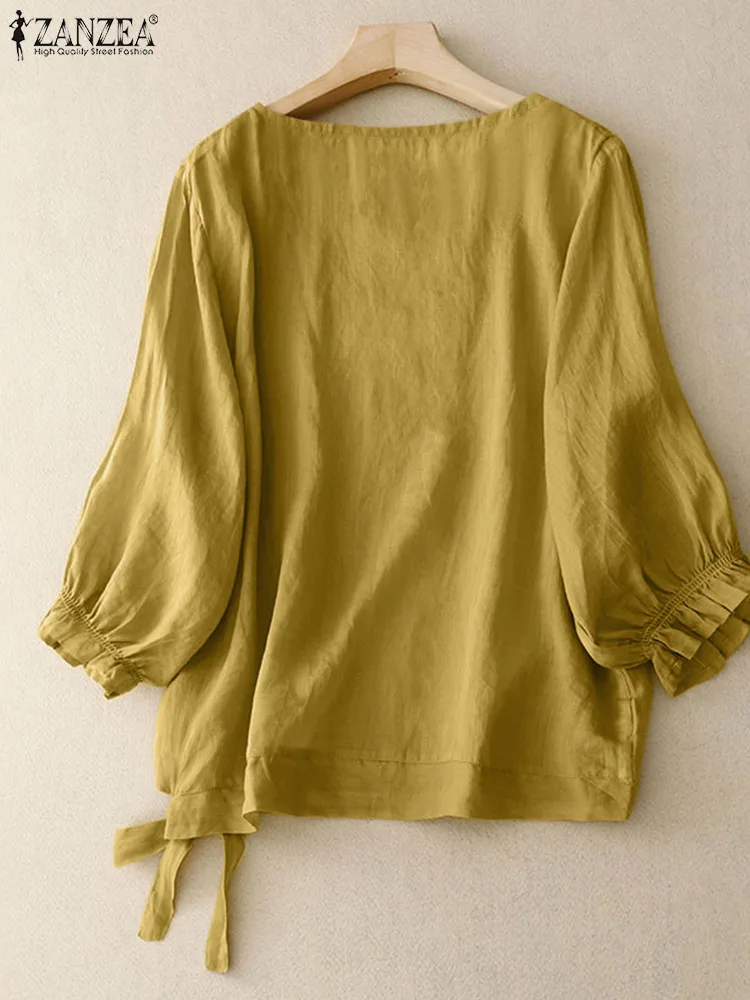 Блузка ZANZEA Женская однотонная с круглым вырезом элегантная рубашка рукавами 3/4