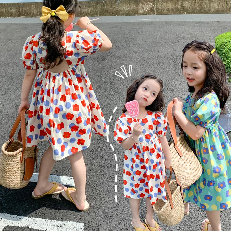 

Summer Girl Backless Dresses Vintage Flowers Print Green Princess Dress Girl Fashion Ruched Short Sleeve High Waist A-line Dress