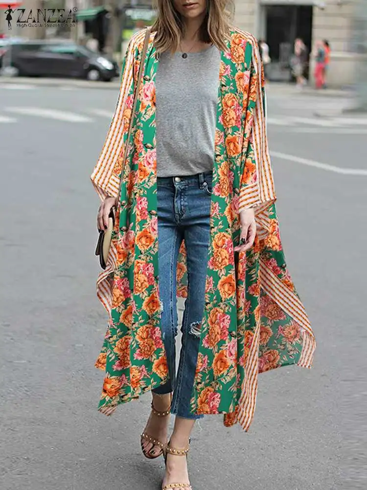 

ZANZEA Floral Print Beach Long Kimonos Women Holiday Streetwear Cover-Up Color Blocking 2023 Summer Cardigans 3/4 Dolman Sleeve