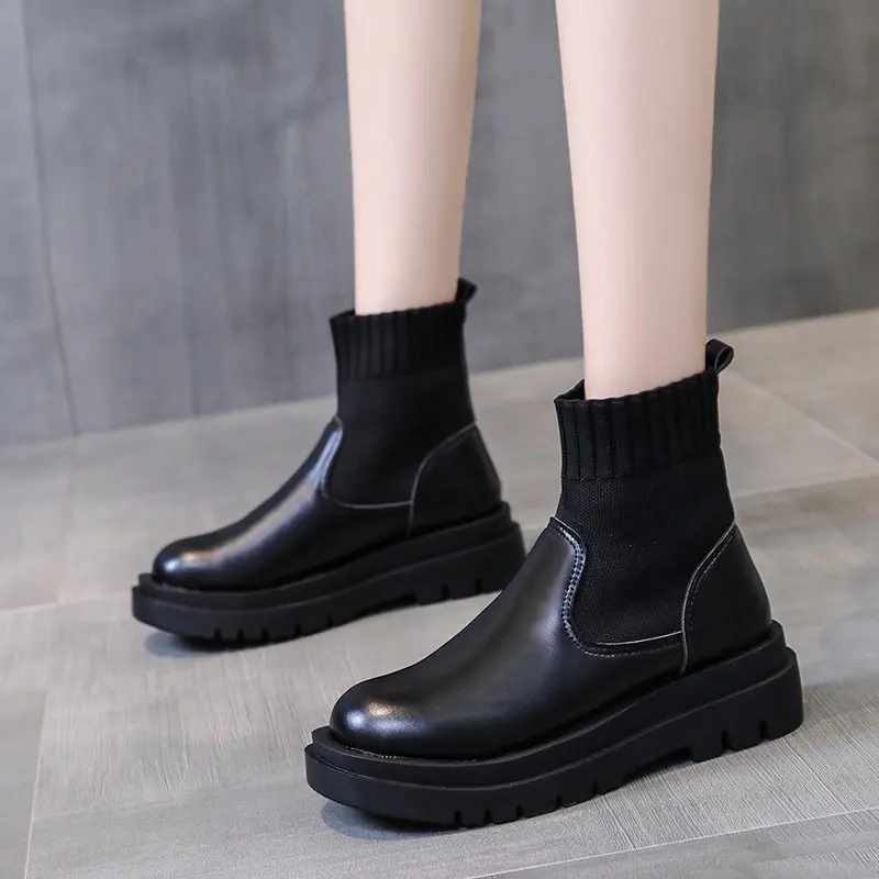 

Women's Heels Shoes Sneakers Platform Woman-shoes Thick Sole 2022 Roses Round Toe PU Boots Med Lace-Up Slip-On Ankle Solid Ridin