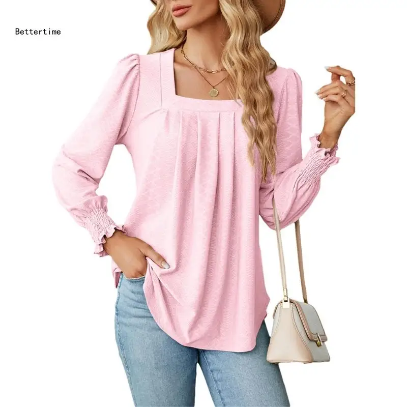 

B36D Women Tops Summer Casual Square Neck Shirts Puff Long Sleeve Work Loose Tees