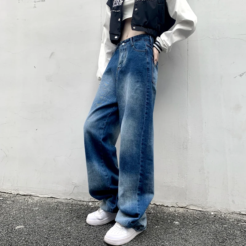 Gradient Tie Dye Wide Leg Jeans for Teenage Girls Fashion Trends Streetwear Bottoms Womens Distressed Denim Pants Casual Clothes