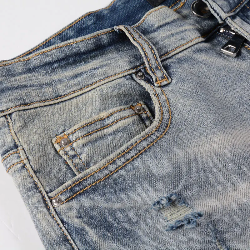 Street Fashion Men Jeans Retro Gray Blue Elastic Stretch Skinny Ripped Jeans Men Caramel Patched Designer Hip Hop Brand Pants