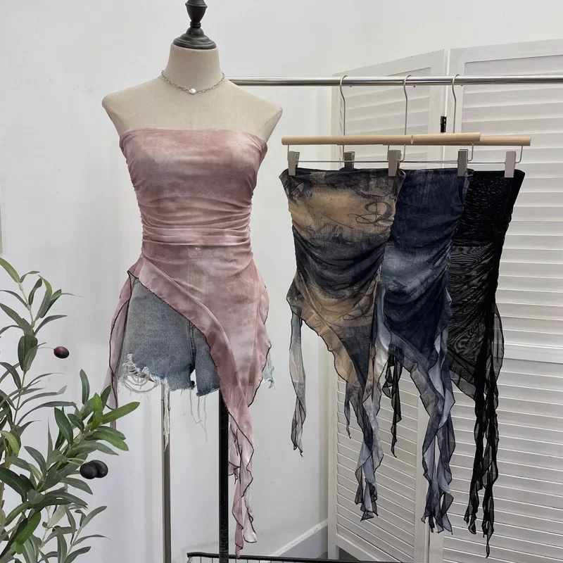 Женский сетчатый топ без рукавов с рюшами и лентой