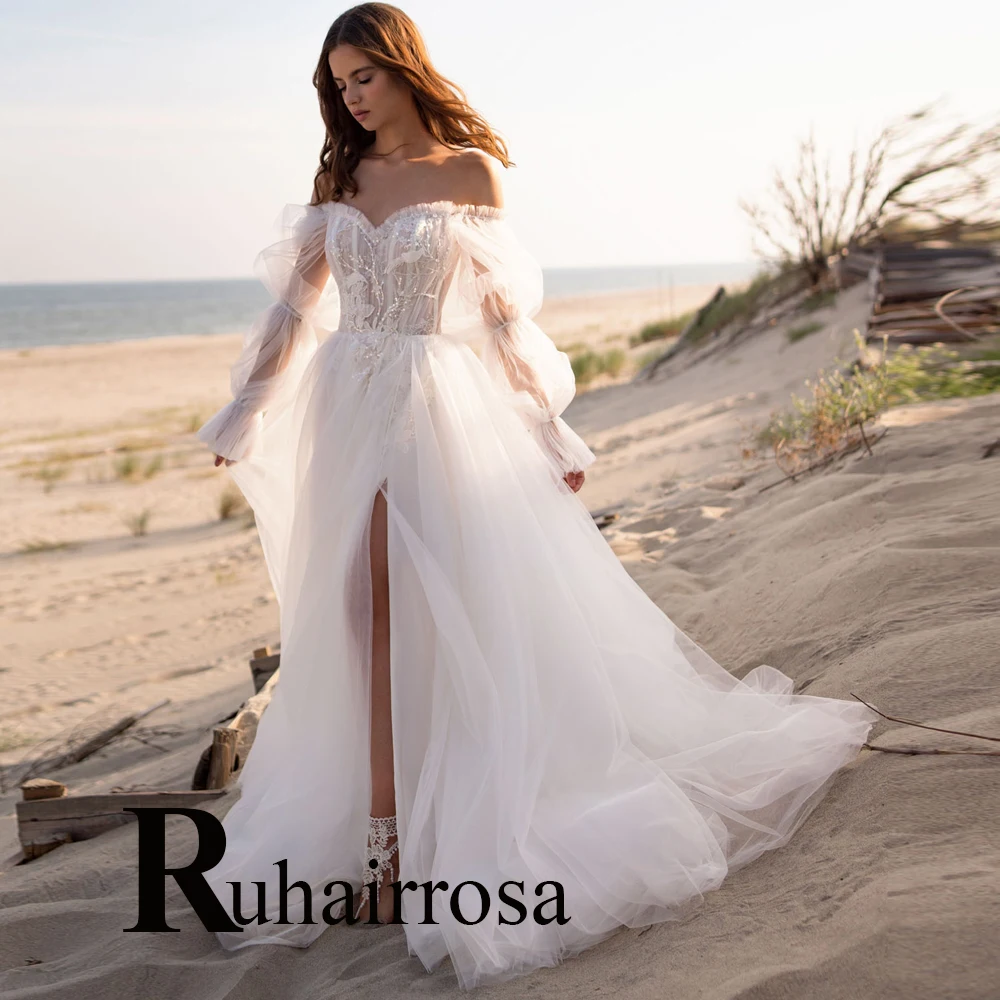 

Ruhair Sweetheart Lantern Flare Sleeve Bling Wedding Dresses A-Line For Women Appliques Lace Robe De Mariée Formal Brides Gown