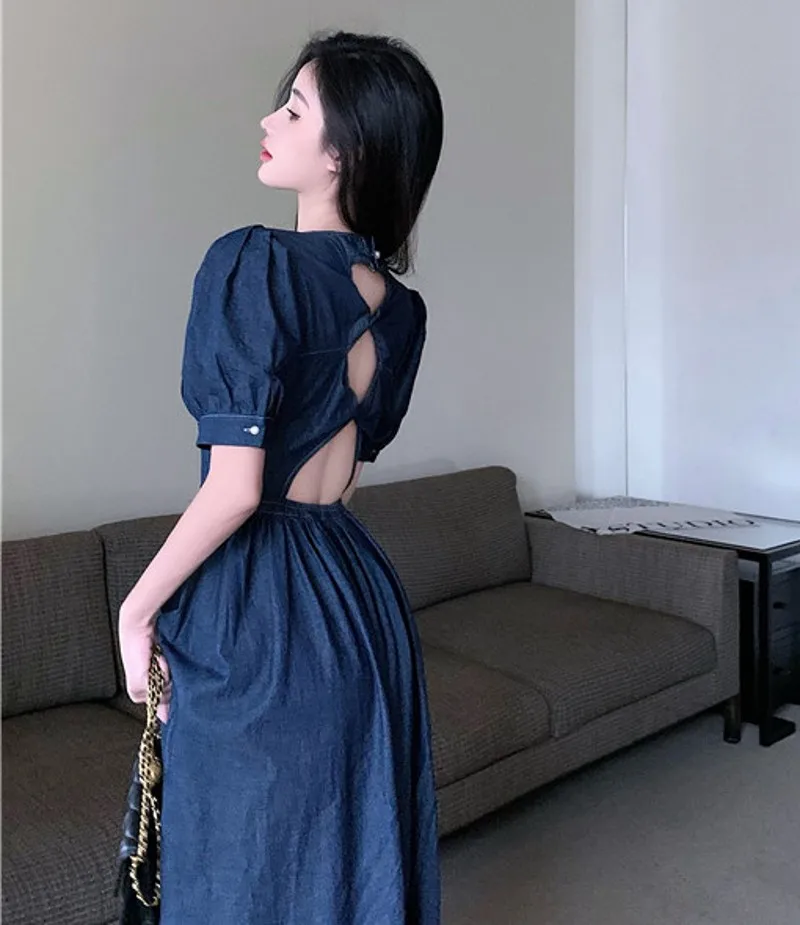 

Женское джинсовое платье с буфами, элегантное облегающее платье трапециевидной формы с коротким рукавом и высокой талией, лето 2022