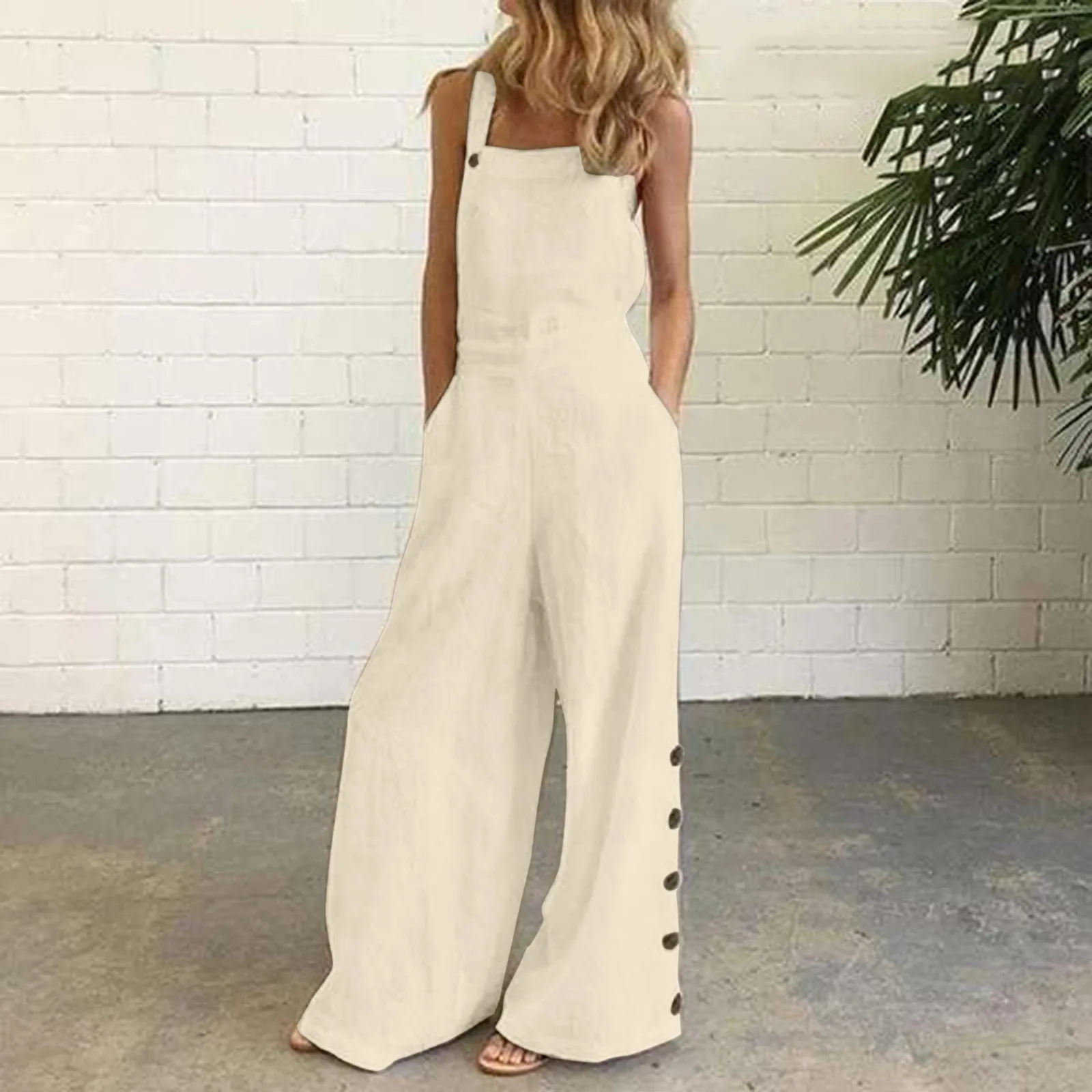 

Women's Sleeveless Overalls Jumpsuit Casual Solid Summer Wide Leg Bib Pants Bottons Wide Leg Jumpsuit Romper With Pockets