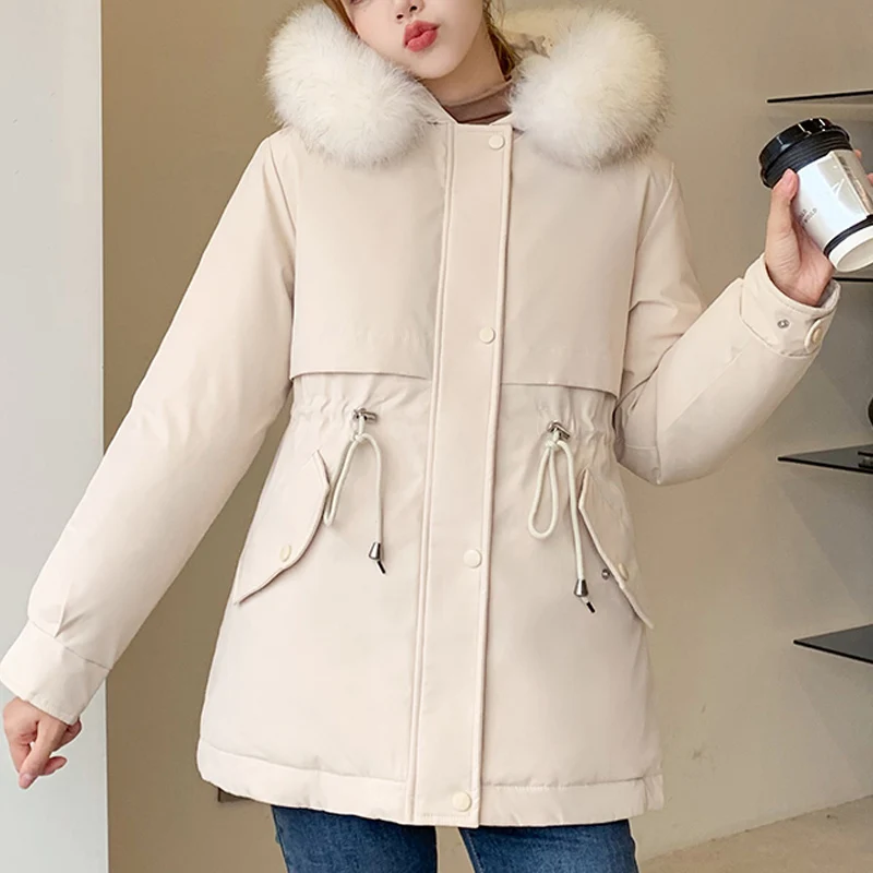 2022 Cotton Padded Fur Parka New Big Fur Collar Winter Jacket Women Thick Warm Parkas Female Outerwear