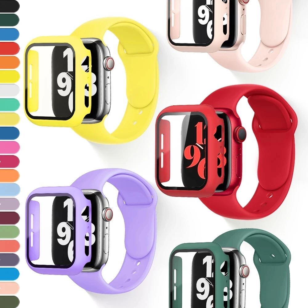 

Glass+Case+Strap for Apple Watch 7 6 5 Band 41mm 45mm 44mm 40mm 38mm 42mm Screen Protectors for Apple IWatch Series 7 6 SE 5 3 4