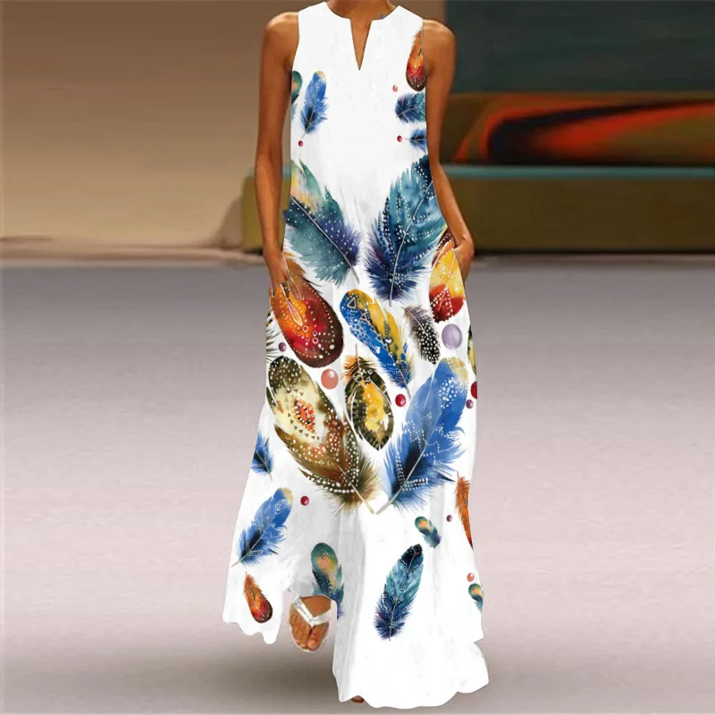 

Peacock Feather White Dress 2022 Casual Girls Long Dress Summer Women's Sleeveless Beach and Full Skirt Dress