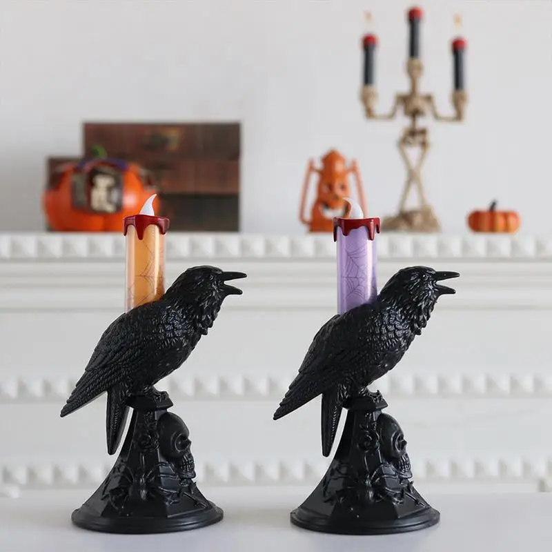 Statue Resin Craft Led Retro Gothic Black Crow Sculpture Candle Desk Lamp Home Festival Decoration