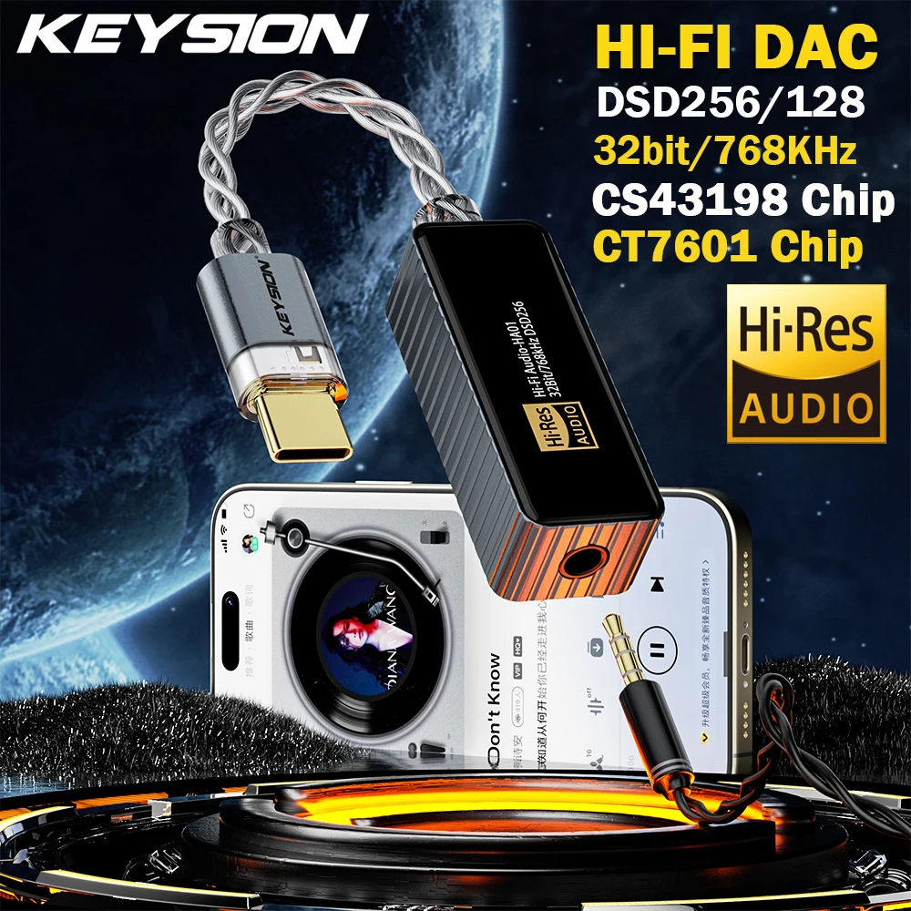 KEYSION 768 кГц DSD256 CS43198 + CT7601 USB ЦАП аудио HiFi декодер усилитель для наушников Type-C до 3 5