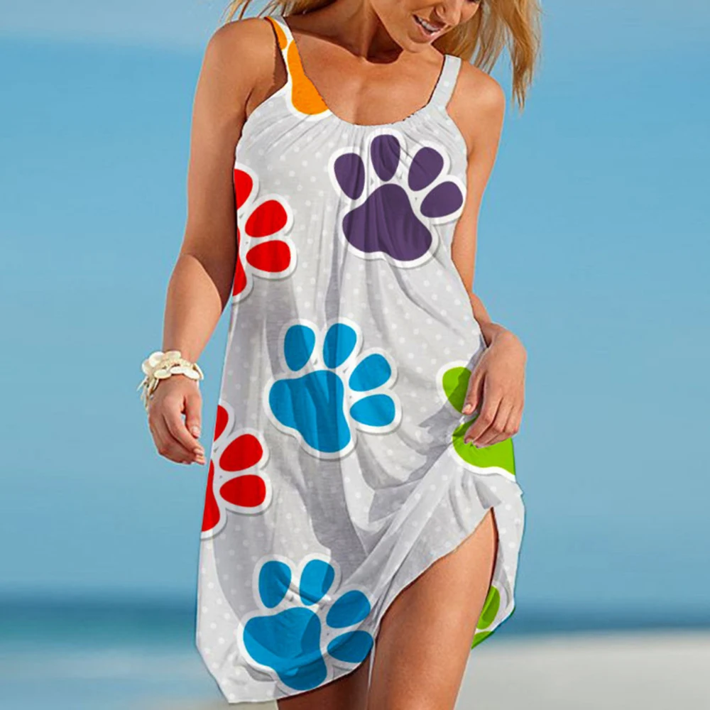 

Женское пляжное платье с забавным рисунком коровы, женское Повседневное платье с принтом собачьей лапы, лето 2022