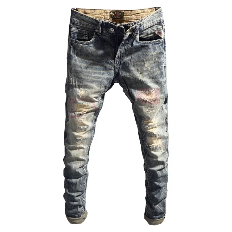 Fashion Vintage Men Jeans Retro Slim Fit Ripped Jeans Men Hole Trousers Embroidery Patched Designer Casual Denim Pants Hombre