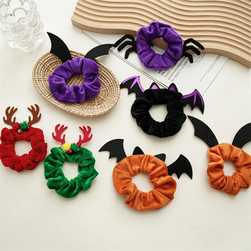 

Cute Cartoon Bat Spider Demon Halloween Hair Scrunchies Christmas Elastic Girls Antlers Hair Ring Horsetail Holder Headwear