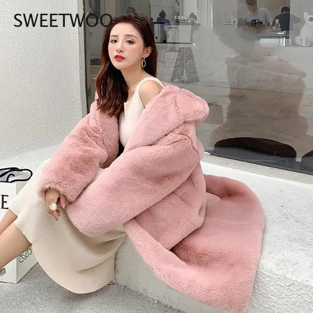 2021 Winter Hooded Women Faux Fur Coat Ladies Thick Warm Outwear Long Fur Jacket Casaco Feminino Inverno Tedy Contracted Slim